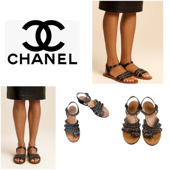Chanel Chain CC Gladiator Sandals Black Size 39.5 $1025 - Picture 1 of 13